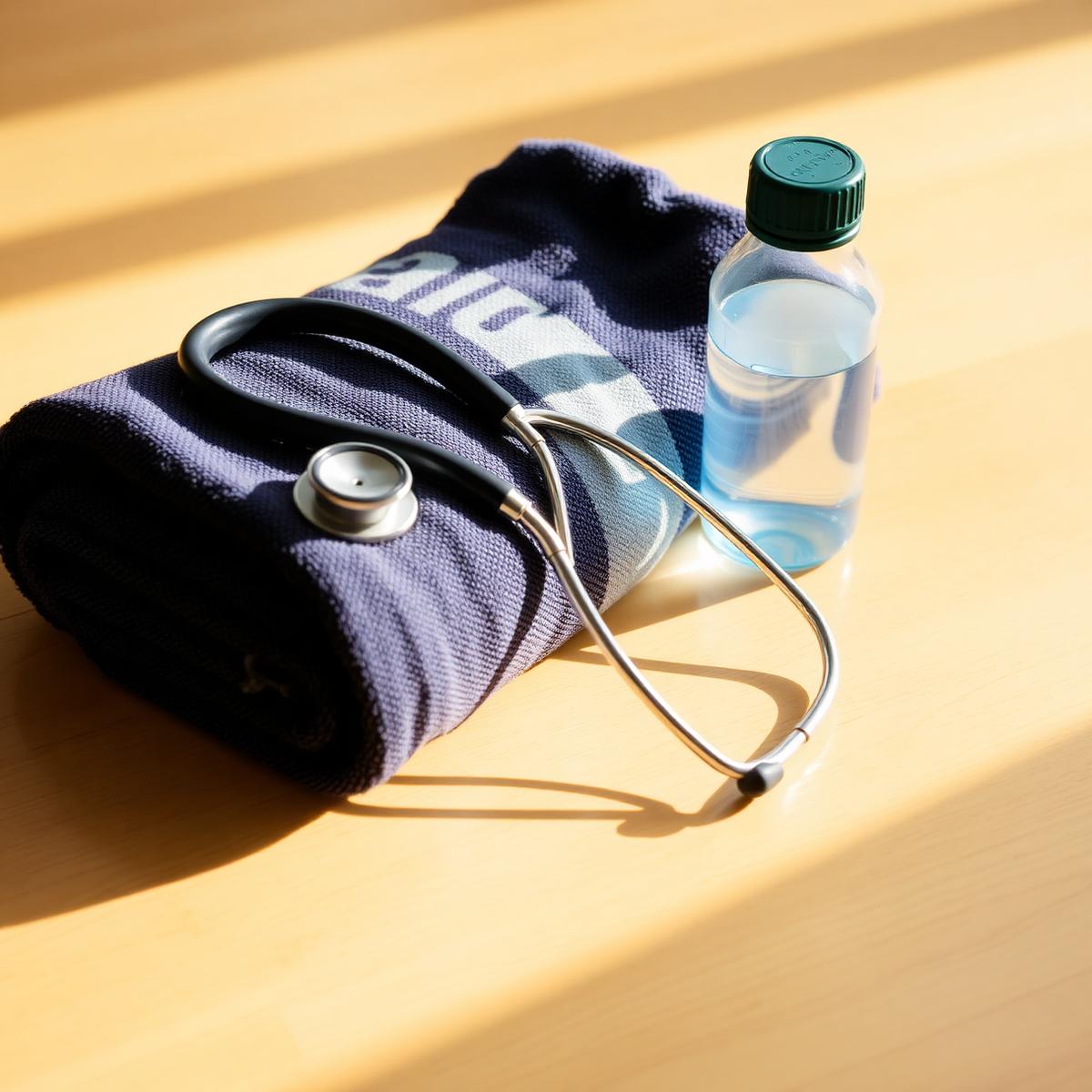 Doctor's stethoscope resting on a folded dance towel and water bottle in warm morning light