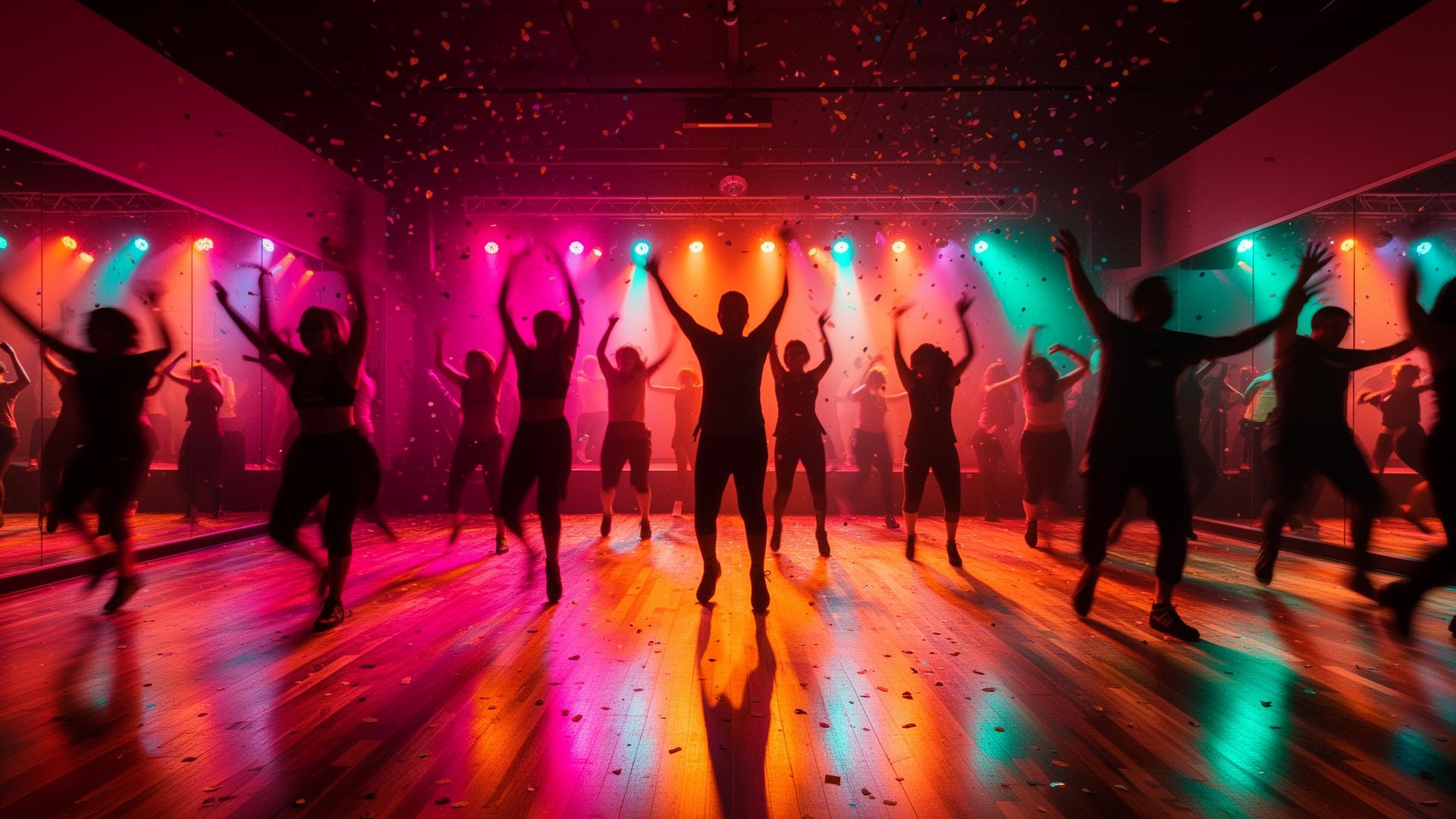 Silhouettes of dancers with raised arms under magenta and orange stage lights in a dance studio