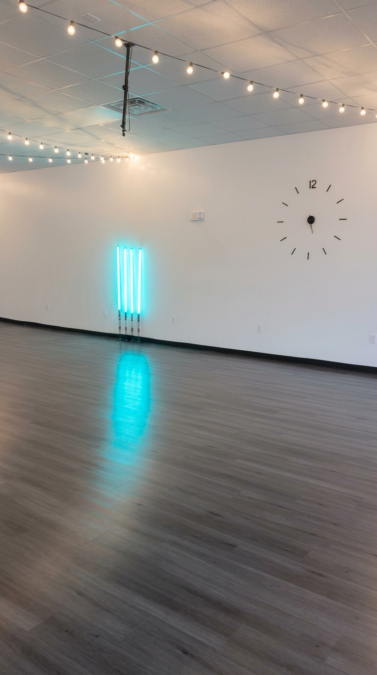 El Doco Loco studio floor with string lights and a teal neon glow