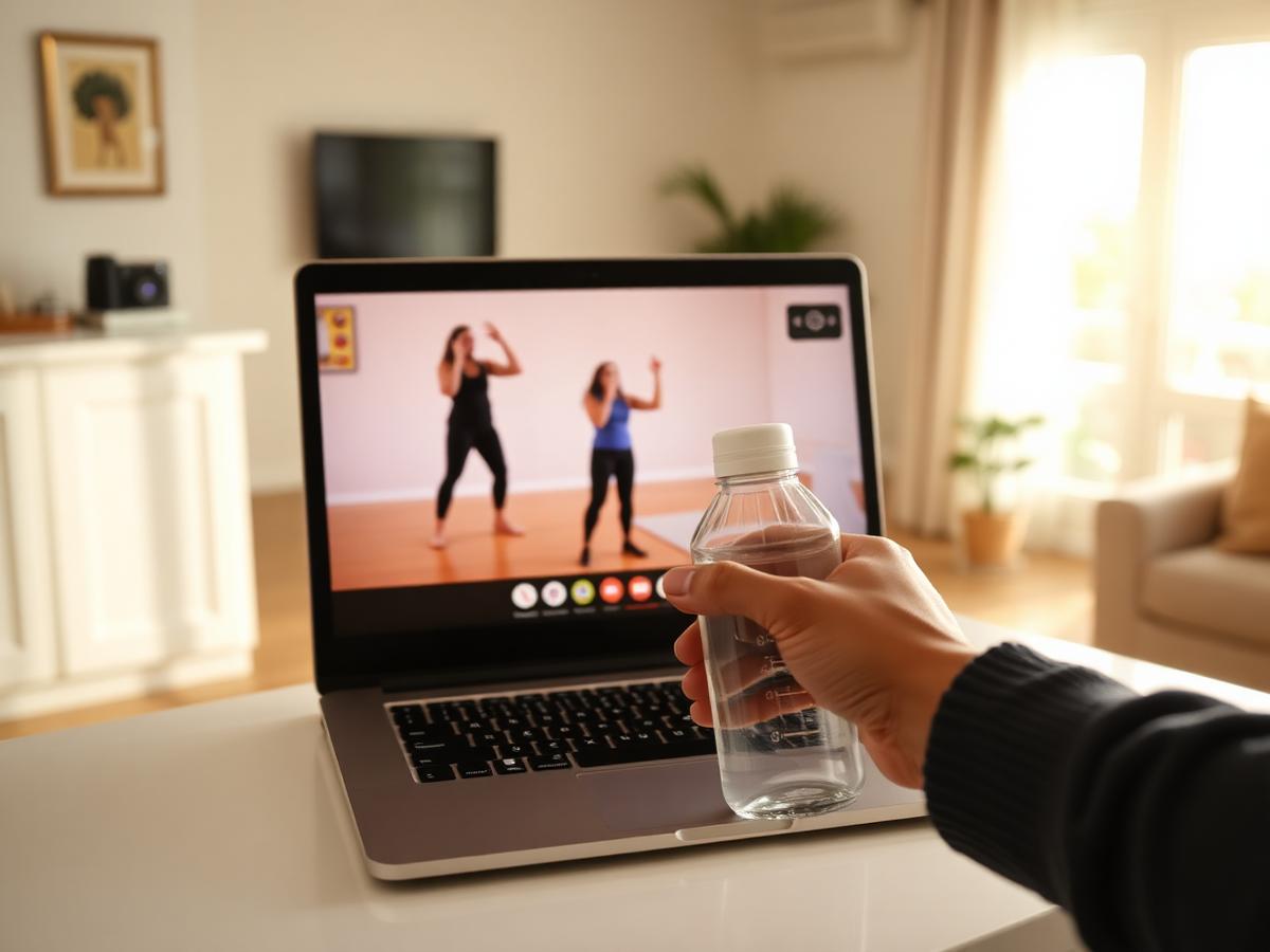 Laptop streaming a live Zumba class in a sunlit living room with a hand holding a water bottle